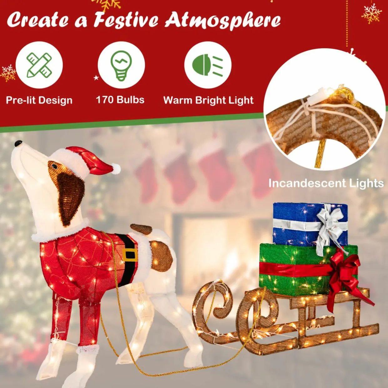 Tangkula Lighted Christmas Dog with Sleigh & Gift Boxes Combo Decorations