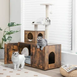Tangkula Litter Box Enclosure with Cat Tree Tower, 2-in-1 Hidden Cat Washroom with Cat Condo
