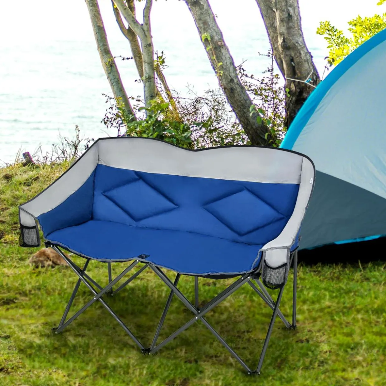 Tangkula Loveseat Camping Chair, Folding Camp Chair with Padded Seat