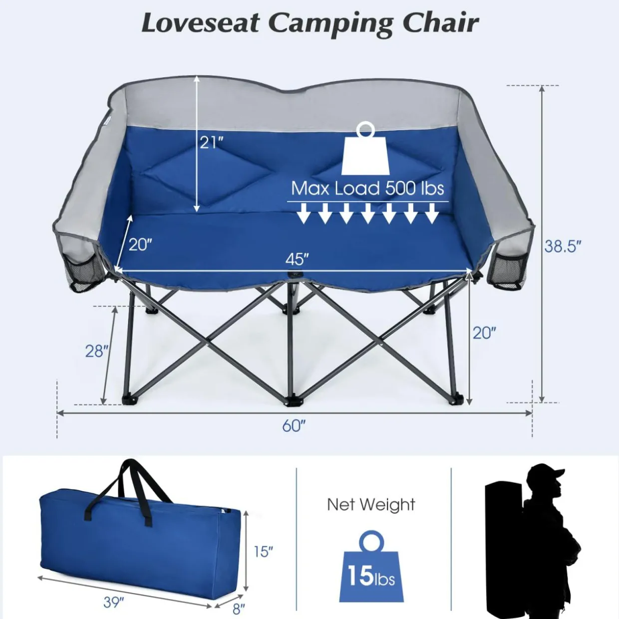 Tangkula Loveseat Camping Chair, Folding Camp Chair with Padded Seat