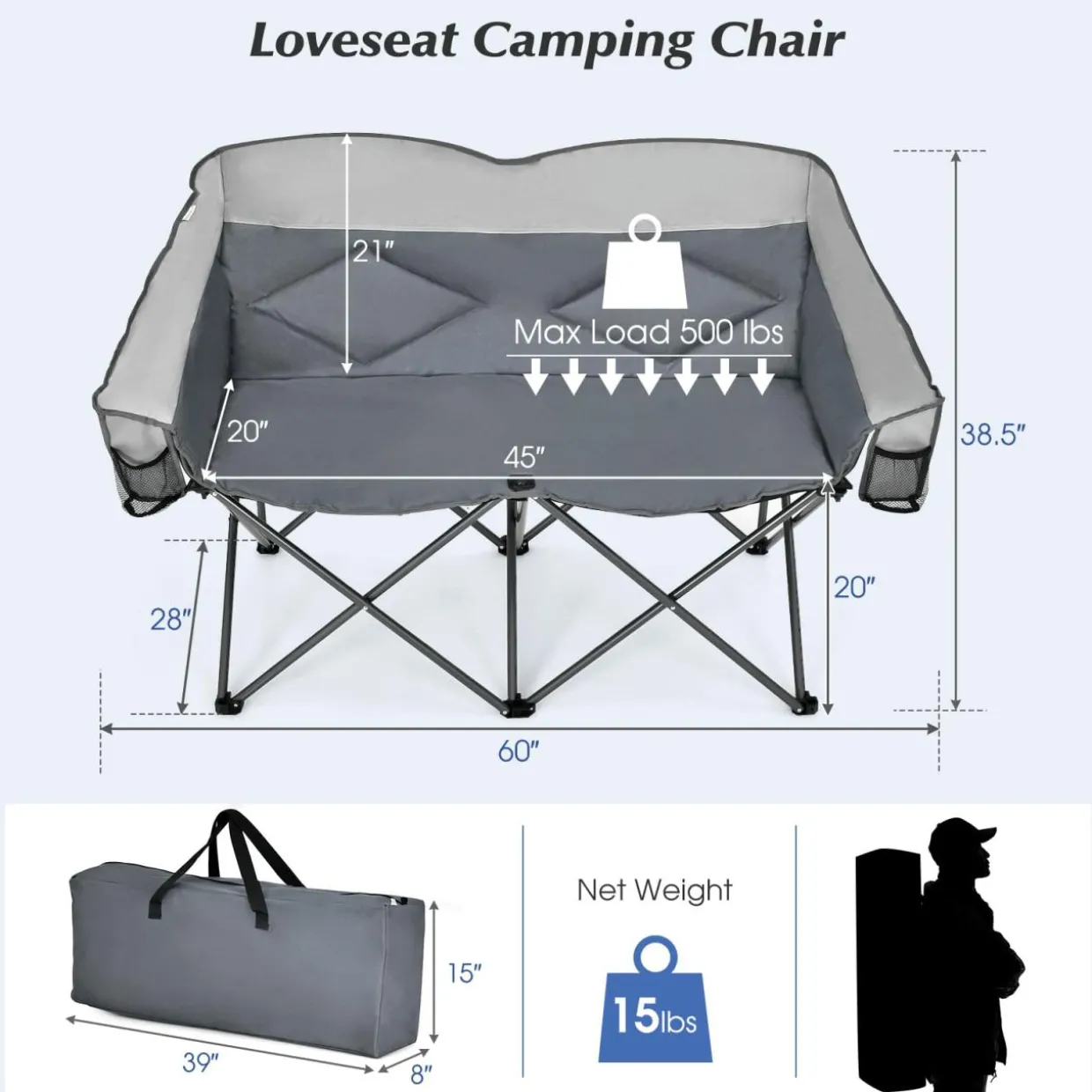 Tangkula Loveseat Camping Chair, Folding Camp Chair with Padded Seat