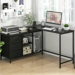 Tangkula L-Shaped Computer Desk with Power Outlet, Convertible Corner Desk with Drawers & Shelves