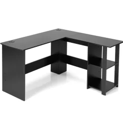 Tangkula L-Shaped Computer Desk, Large Corner Computer Desk with 2-Tier Open Shelves (Black)