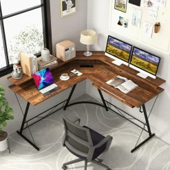 Tangkula L-Shaped Computer Desk with Power Outlet, 51" Corner Computer Workstation with Monitor Stand