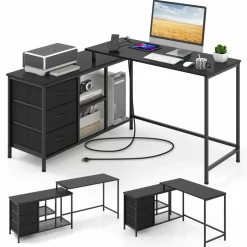 Tangkula L-Shaped Computer Desk with Power Outlet, Convertible Corner Desk with Drawers & Shelves