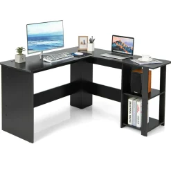 Tangkula L-Shaped Computer Desk, Large Corner Computer Desk with 2-Tier Open Shelves (Black)
