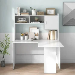 Tangkula L-Shaped Desk with Storage Hutch, Corner Computer Desk with Shelves & Cabinet, White