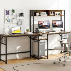 Tangkula L-Shaped Desk with Power Outlet, Large Corner Desk Converts to 2-Person Long Desk with Hutch