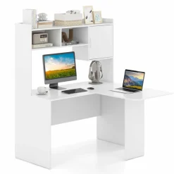 Tangkula L-Shaped Desk with Storage Hutch, Corner Computer Desk with Shelves & Cabinet, White