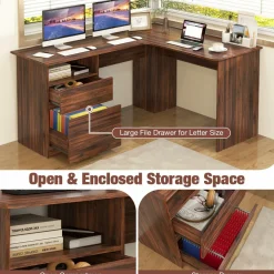 Tangkula L-Shaped Desk with 2 Storage Drawers, 59” Corner Computer Desk with File Drawer & Open Shelf
