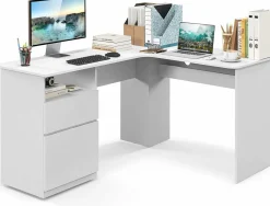 Tangkula L-Shaped Desk with 2 Storage Drawers, 59” Corner Computer Desk with File Drawer & Open Shelf