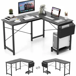 Tangkula L-Shaped Office Desk, Modern Reversible Computer Desk with Storage Pocket & CPU Stand (Dark Gray)