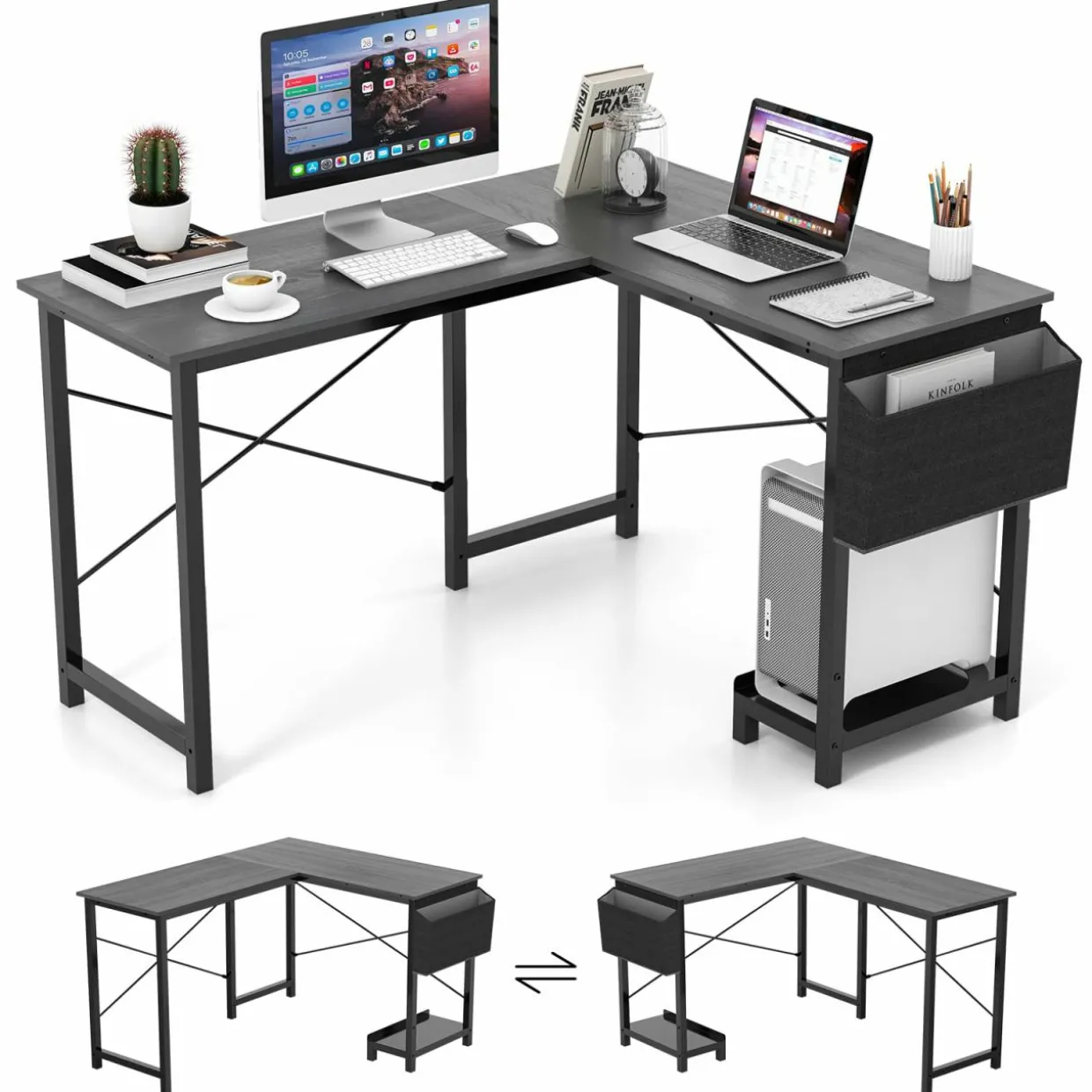 Tangkula L-Shaped Office Desk, Modern Reversible Computer Desk with Storage Pocket & CPU Stand (Dark Gray)