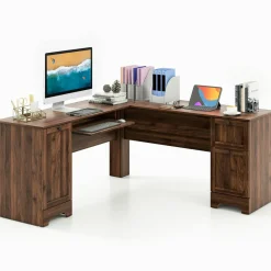 Tangkula L-Shaped Office Desk with Storage Drawers & Keyboard Tray