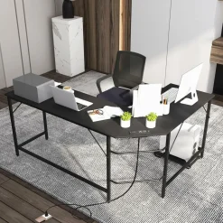 Tangkula L-Shaped Office Desk, L Shaped Corner Desk with Power Outlets, USB Ports