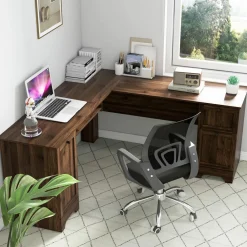 Tangkula L-Shaped Office Desk with Storage Drawers & Keyboard Tray