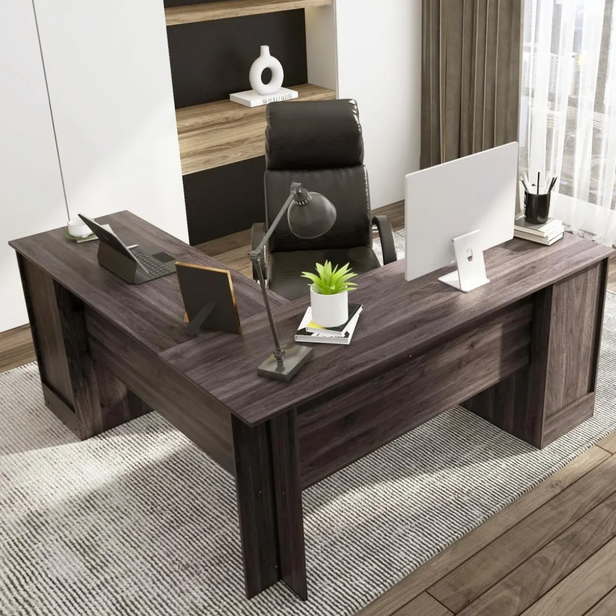 Tangkula L-Shaped Office Desk with Storage Drawers & Keyboard Tray