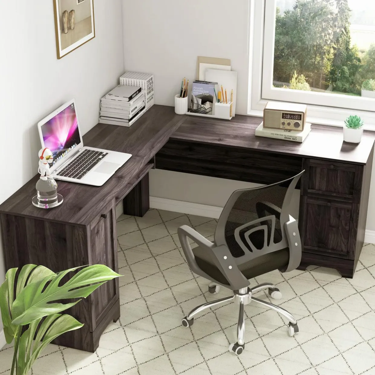 Tangkula L-Shaped Office Desk with Storage Drawers & Keyboard Tray