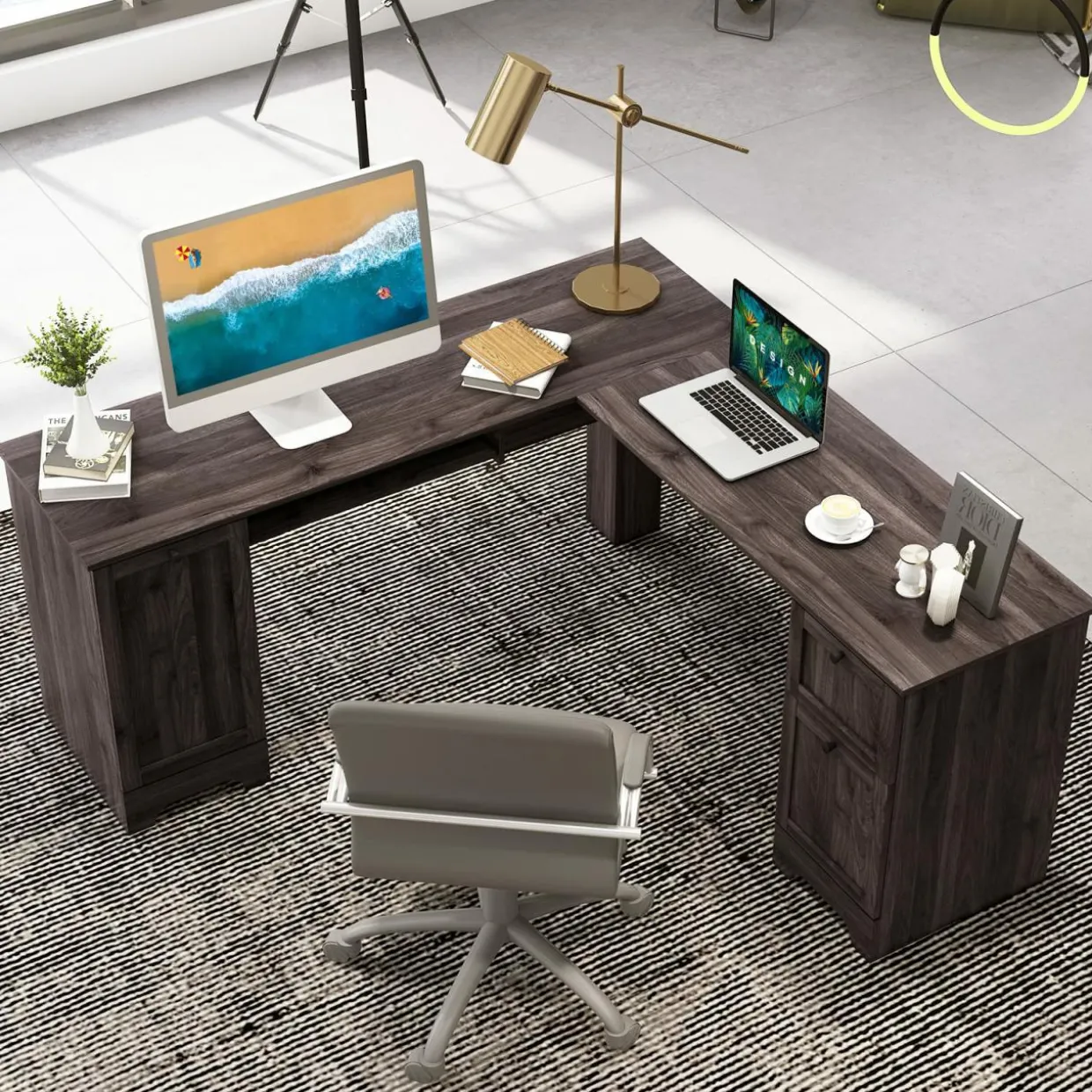 Tangkula L-Shaped Office Desk with Storage Drawers & Keyboard Tray