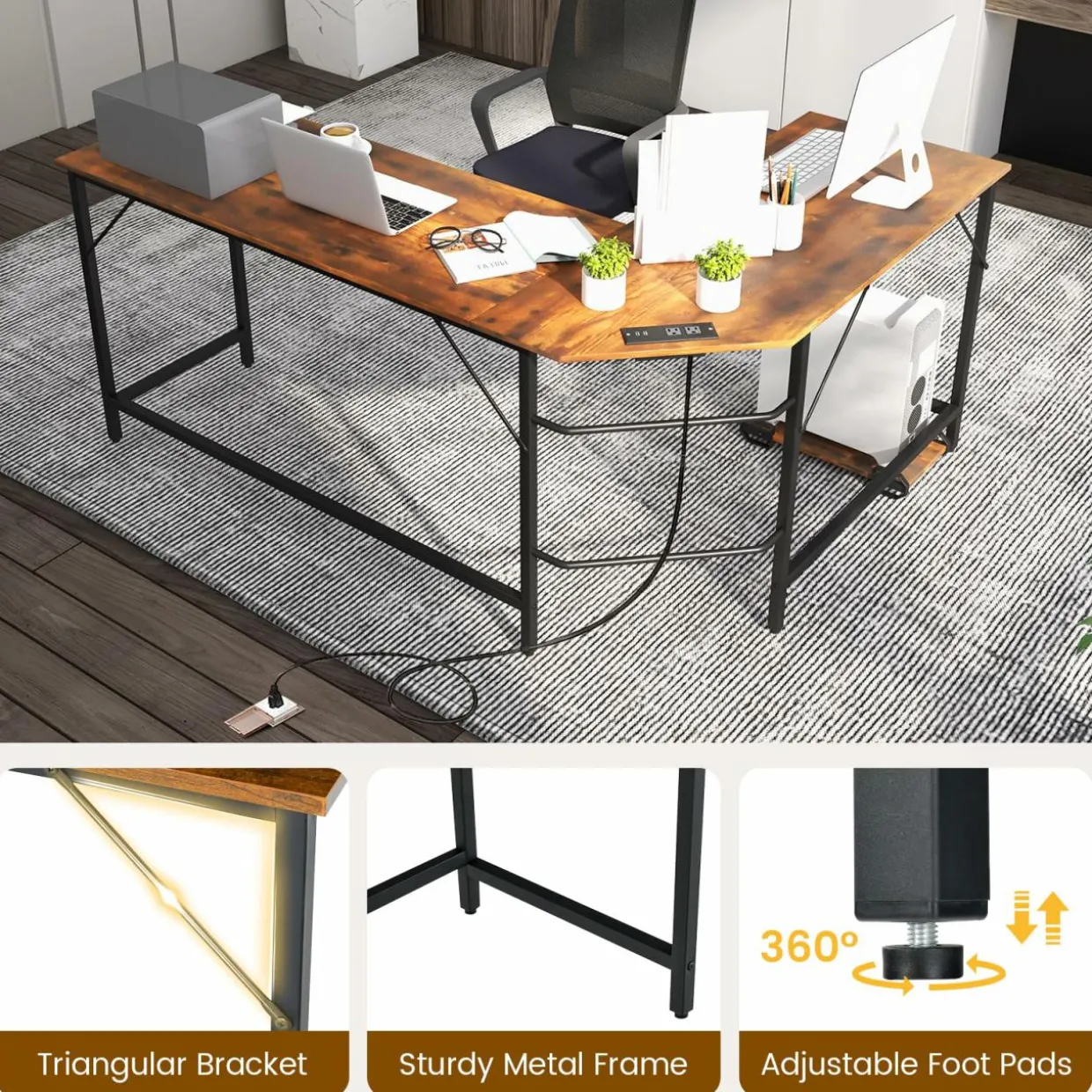 Tangkula L-Shaped Office Desk, L Shaped Corner Desk with Power Outlets, USB Ports