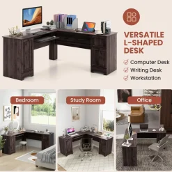 Tangkula L-Shaped Office Desk with Storage Drawers & Keyboard Tray