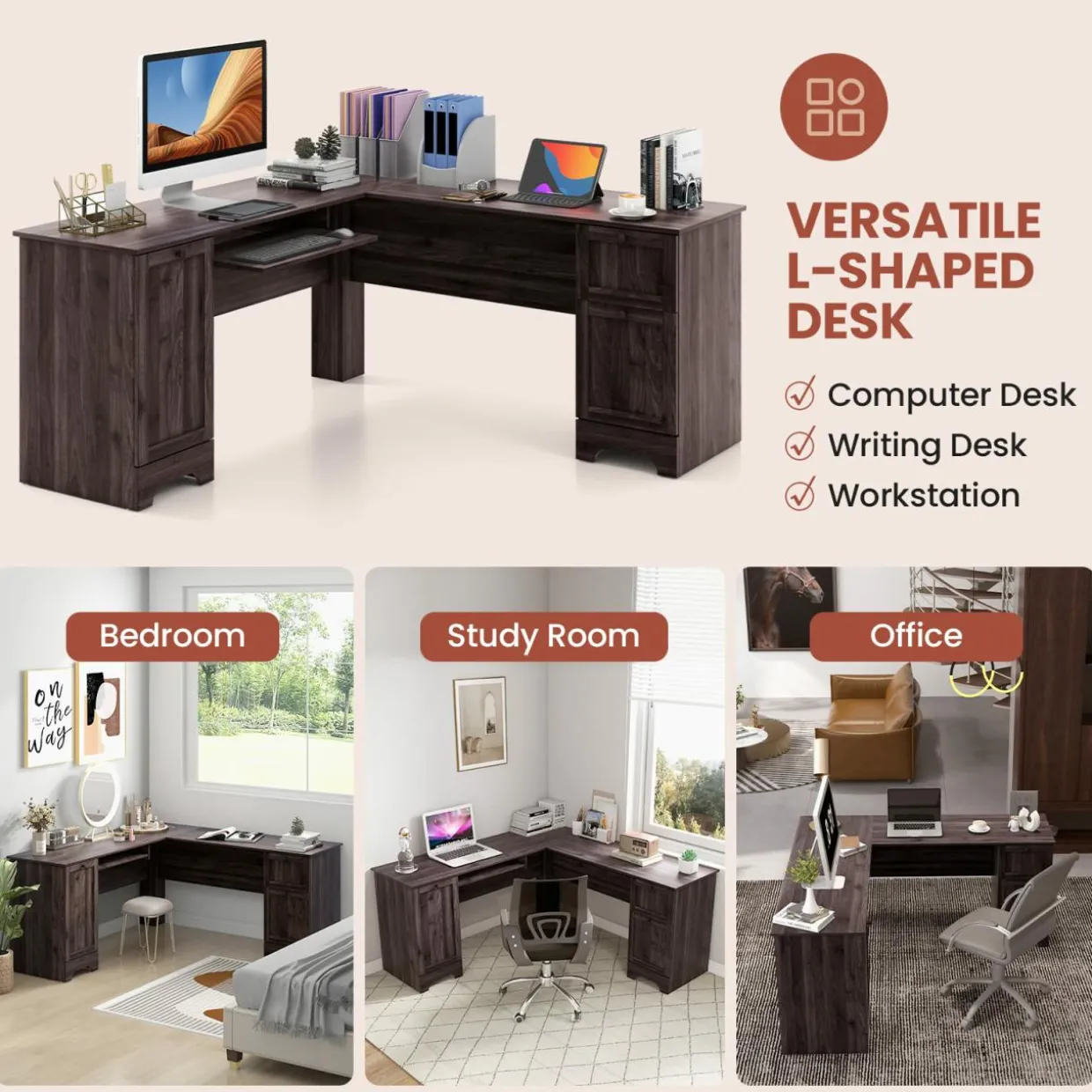 Tangkula L-Shaped Office Desk with Storage Drawers & Keyboard Tray