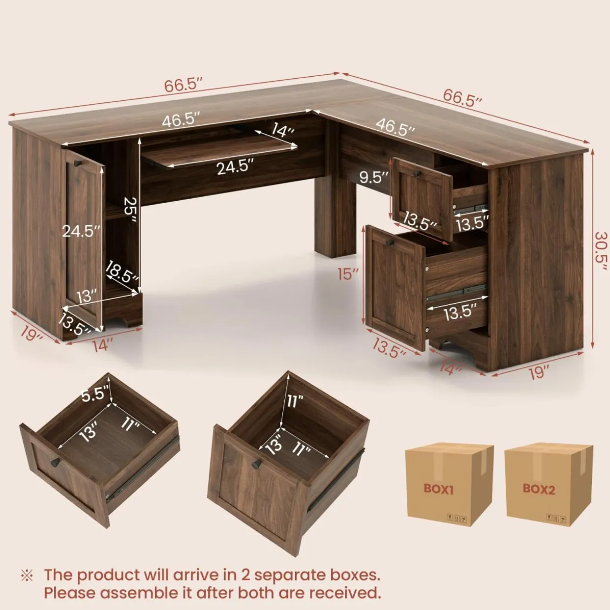 Tangkula L-Shaped Office Desk with Storage Drawers & Keyboard Tray