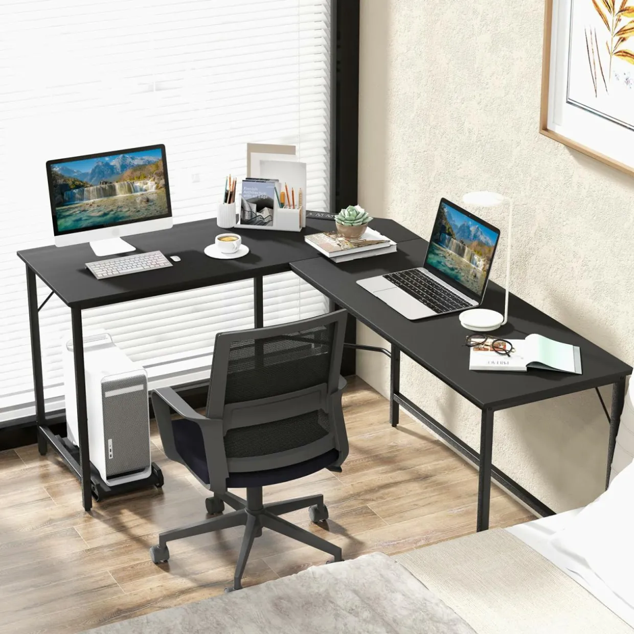 Tangkula L-Shaped Office Desk, L Shaped Corner Desk with Power Outlets, USB Ports