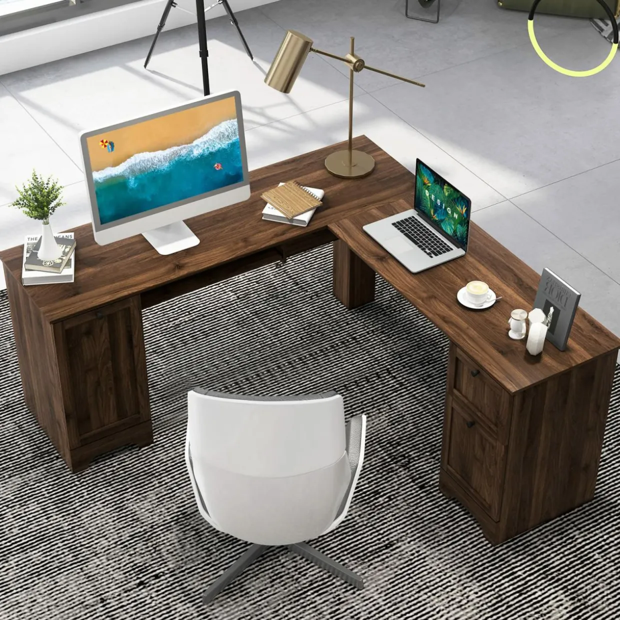 Tangkula L-Shaped Office Desk with Storage Drawers & Keyboard Tray
