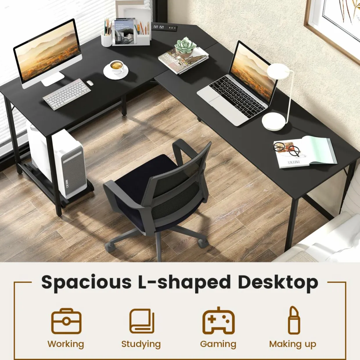 Tangkula L-Shaped Office Desk, L Shaped Corner Desk with Power Outlets, USB Ports