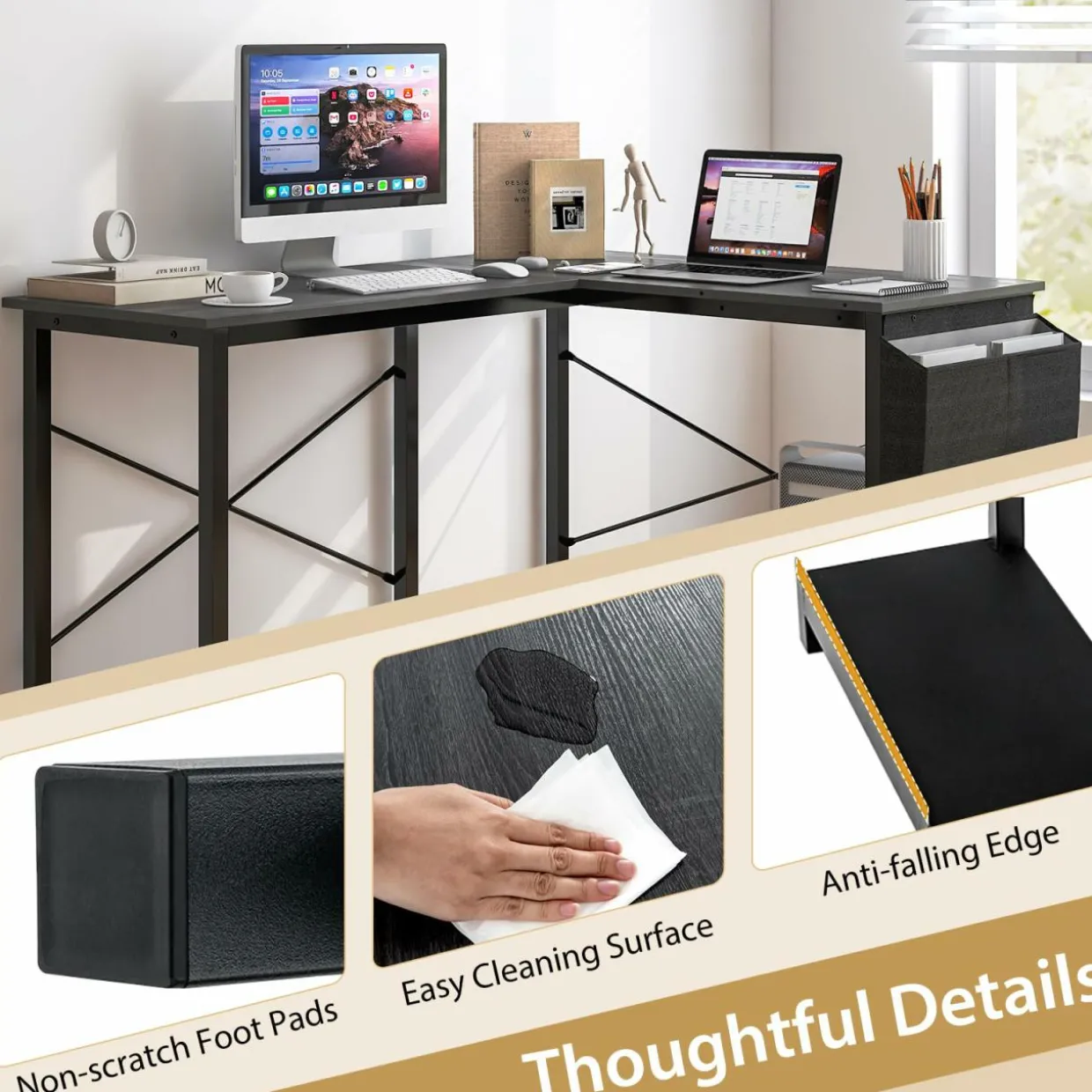 Tangkula L-Shaped Office Desk, Modern Reversible Computer Desk with Storage Pocket & CPU Stand (Dark Gray)