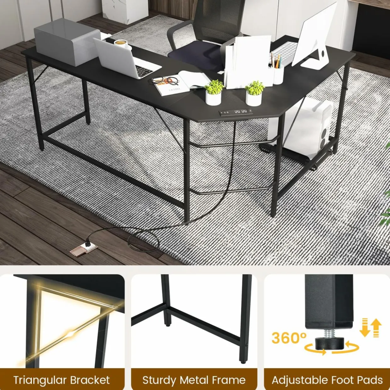 Tangkula L-Shaped Office Desk, L Shaped Corner Desk with Power Outlets, USB Ports