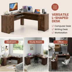 Tangkula L-Shaped Office Desk with Storage Drawers & Keyboard Tray