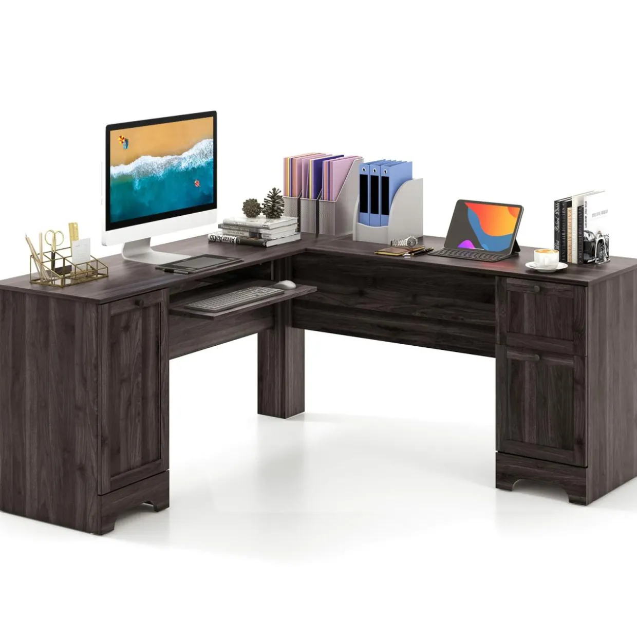 Tangkula L-Shaped Office Desk with Storage Drawers & Keyboard Tray