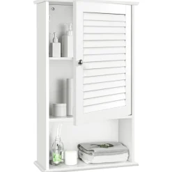 Tangkula Medicine Cabinet, Wall Mounted Bathroom Cabinet Single Door Wooden Bathroom Wall Cabinet with Adjustable Shelf
