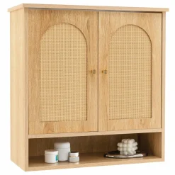 Tangkula Medicine Cabinet w/ 2 Rattan Doors, Wall Mounted Bathroom Cabinet Over The Toilet(No Back, Natural)