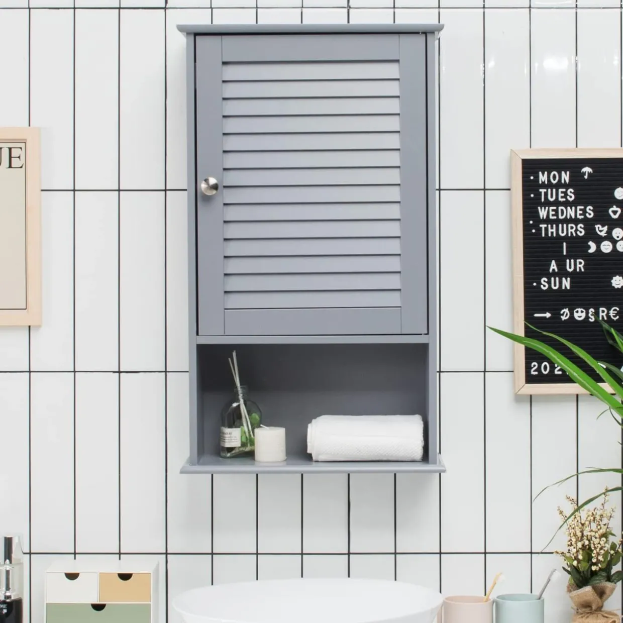 Tangkula Medicine Cabinet, Wall Mounted Bathroom Cabinet Single Door Wooden