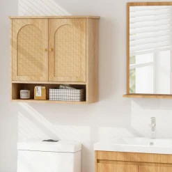 Tangkula Medicine Cabinet w/ 2 Rattan Doors, Wall Mounted Bathroom Cabinet Over The Toilet(No Back, Natural)