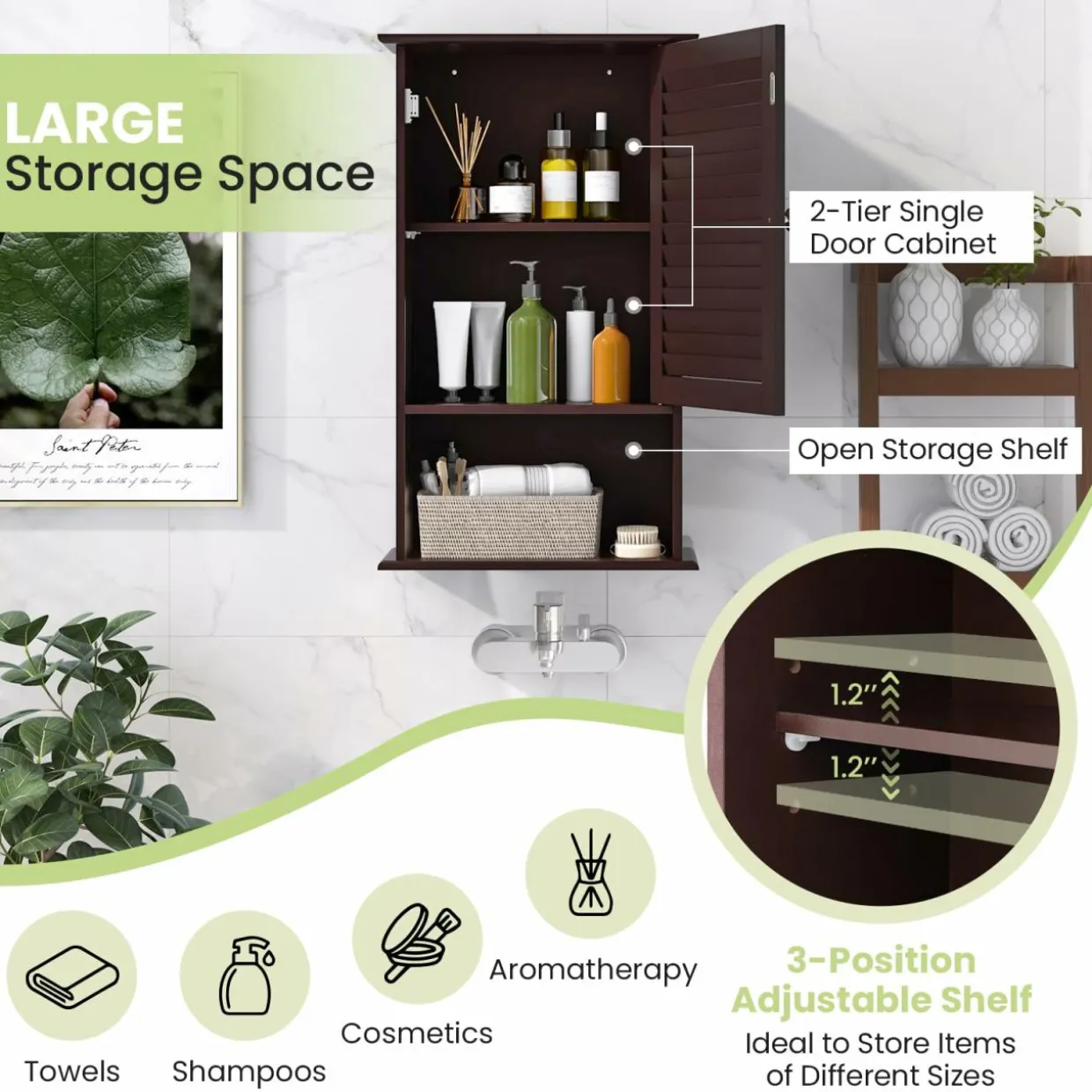 Tangkula Medicine Cabinet, Wall Mounted Bathroom Cabinet Single Door Wooden