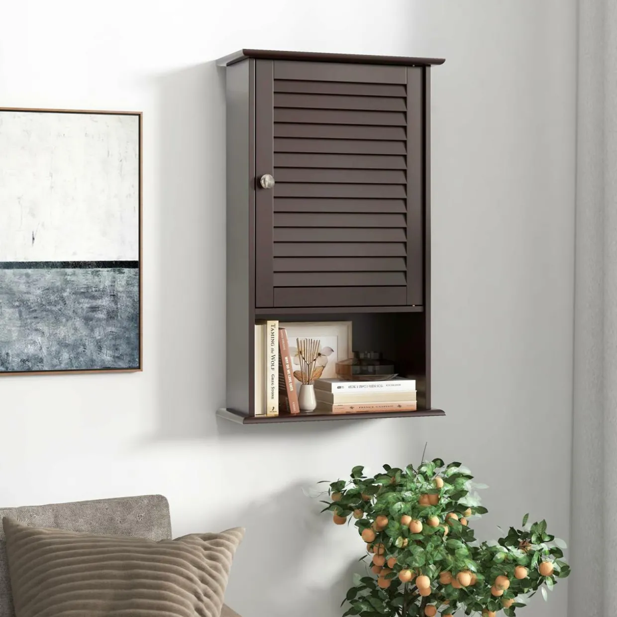 Tangkula Medicine Cabinet, Wall Mounted Bathroom Cabinet Single Door Wooden