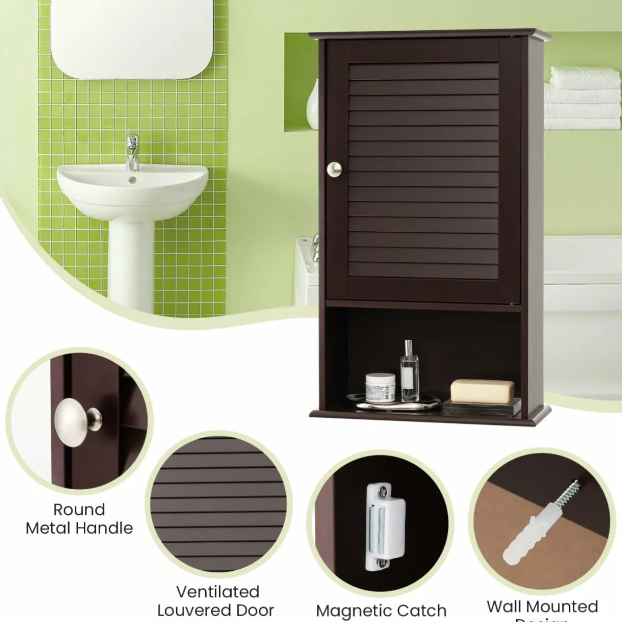 Tangkula Medicine Cabinet, Wall Mounted Bathroom Cabinet Single Door Wooden