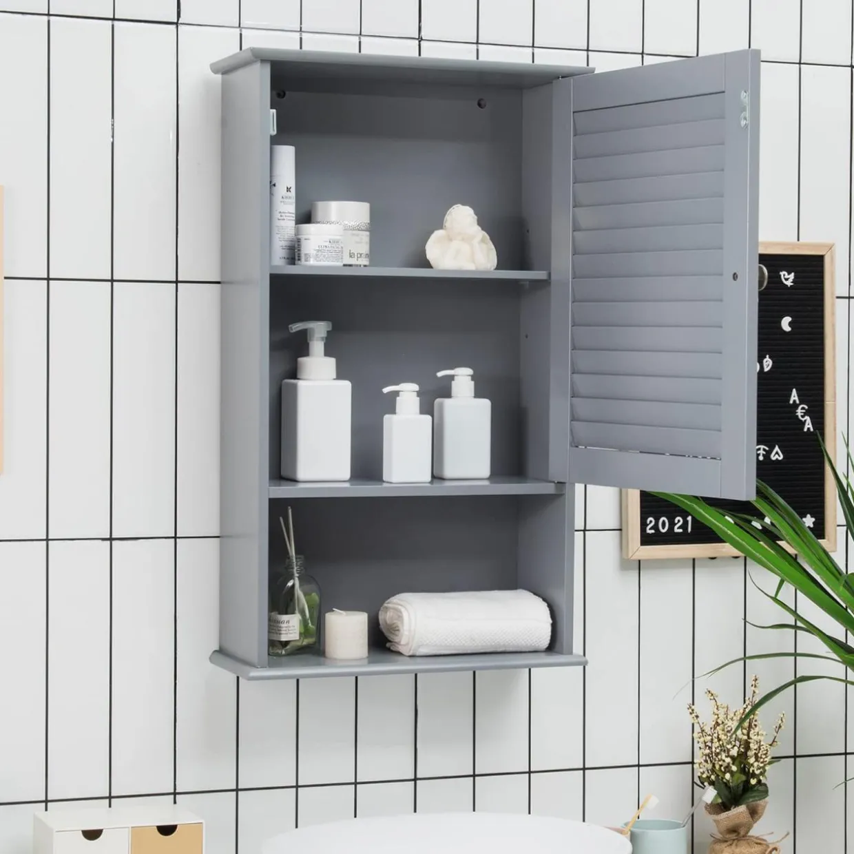 Tangkula Medicine Cabinet, Wall Mounted Bathroom Cabinet Single Door Wooden