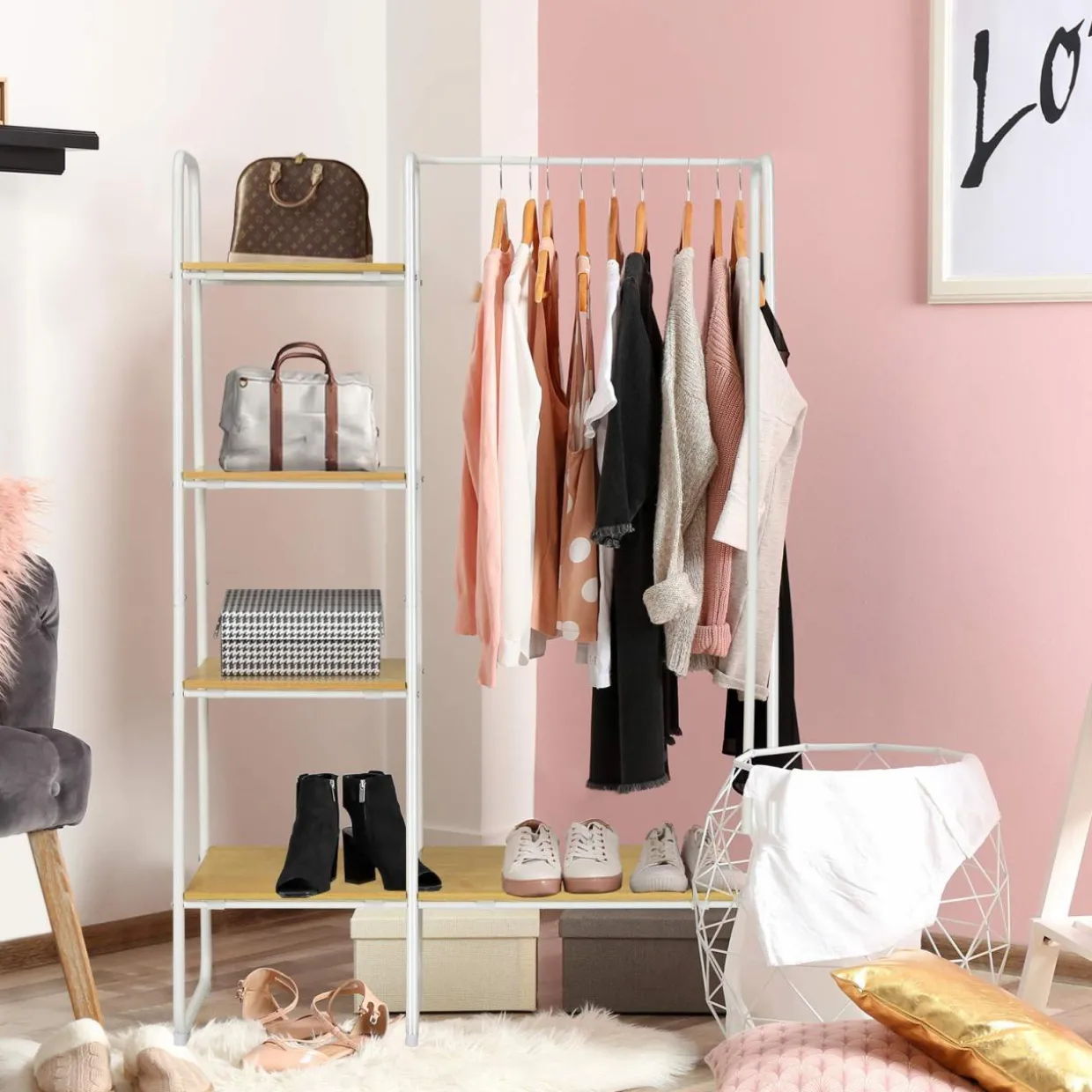 Tangkula Metal Garment Rack, Free Standing Closet Storage Organizer w/ 5 Shelves & Hanging Bar