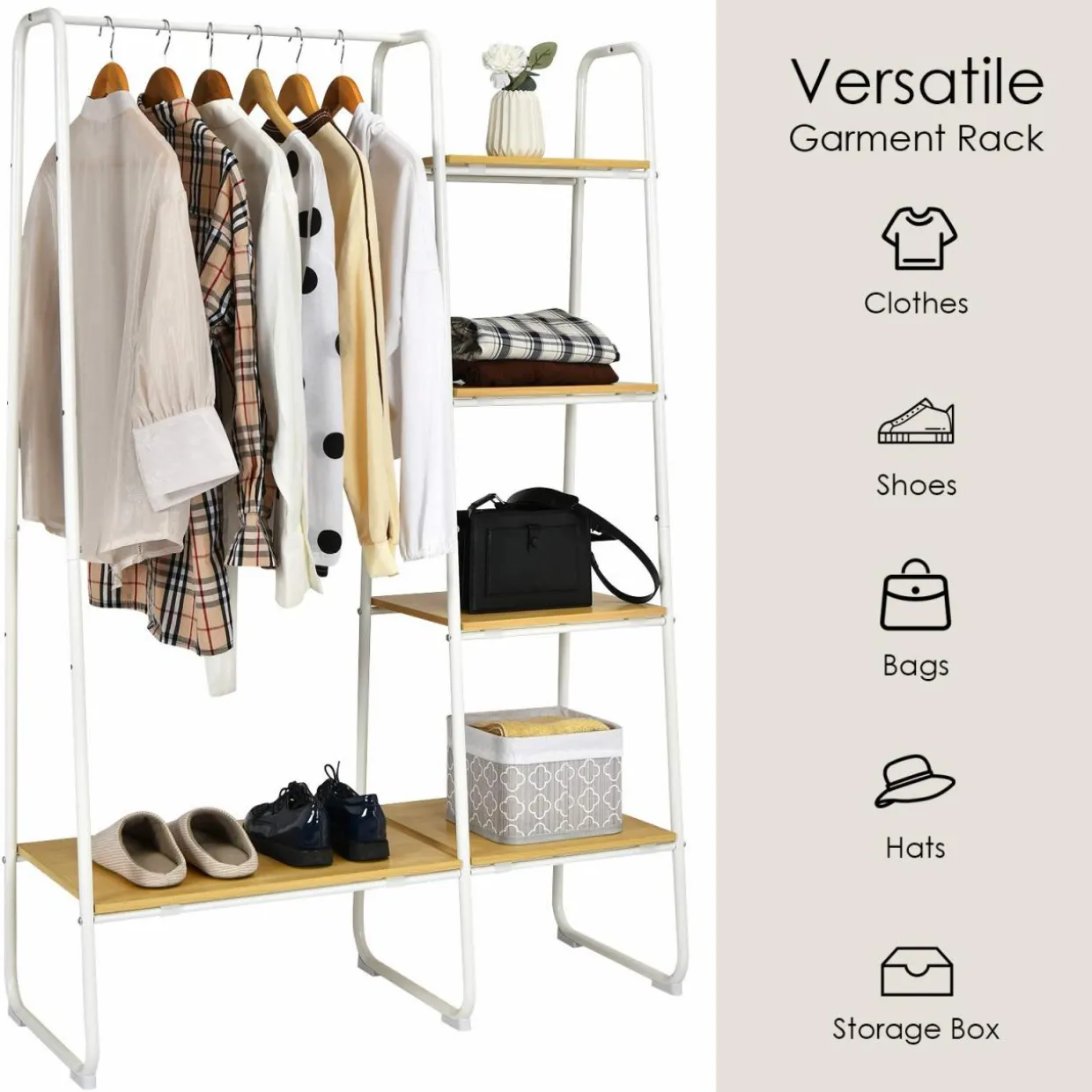 Tangkula Metal Garment Rack, Free Standing Closet Storage Organizer w/ 5 Shelves & Hanging Bar