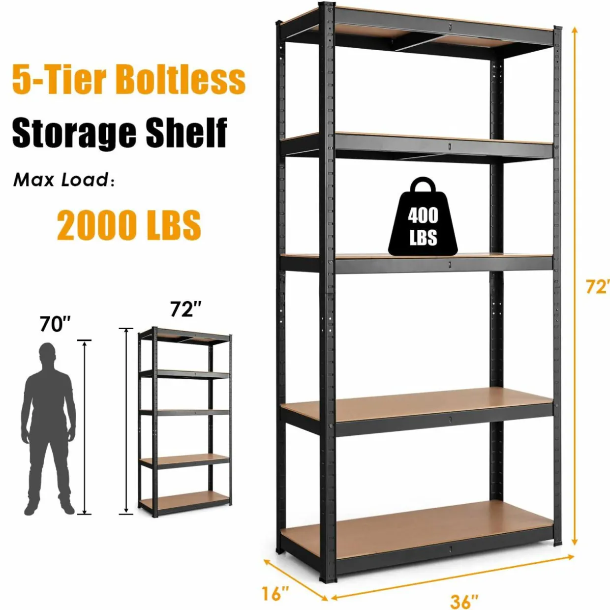 Tangkula Metal Storage Shelves, Heavy Duty Steel 5 Tier, Garage Organization Storage Rack, 36"Lx16''Wx72"H
