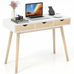 Tangkula Mid Century Desk with 3 Drawers, Home Office Writing Desk with Storage