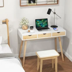 Tangkula Mid Century Desk with 3 Drawers, Home Office Writing Desk with Storage