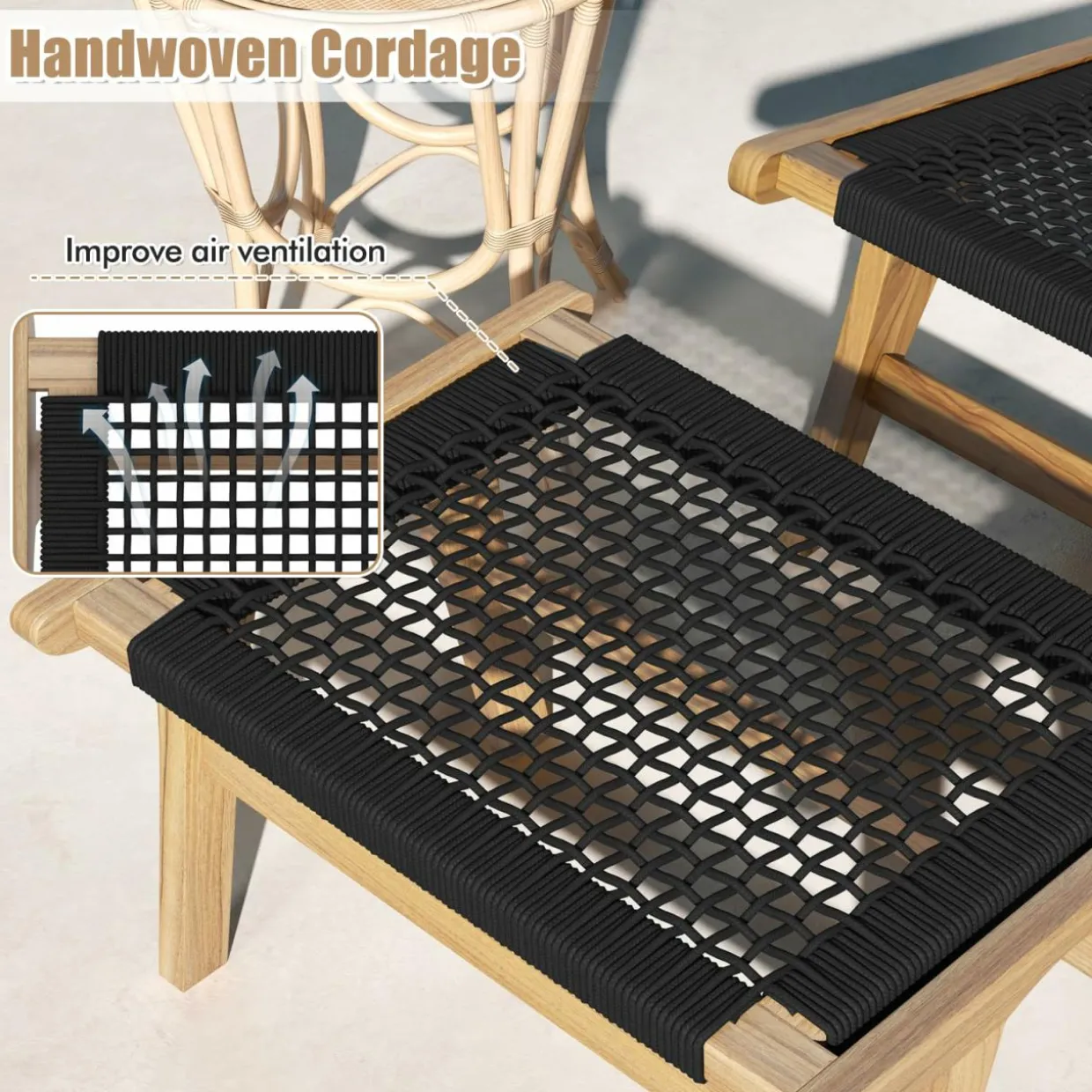 Tangkula Mid Century Modern Accent Chair with Ottoman, Farmhouse Handwoven Cordage Living Room Chair