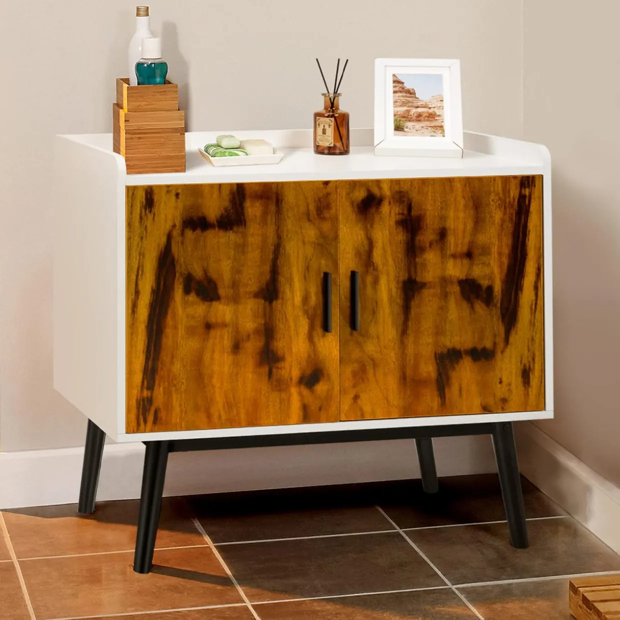 Tangkula Mid Century Storage Cabinet, Floor Storage Cabinet with 2 Doors & Metal Legs, Rustic Brown