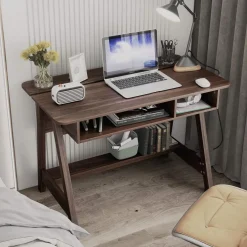 Tangkula Mid Century Writing Desk with Storage Cubes & Hidden Compartment